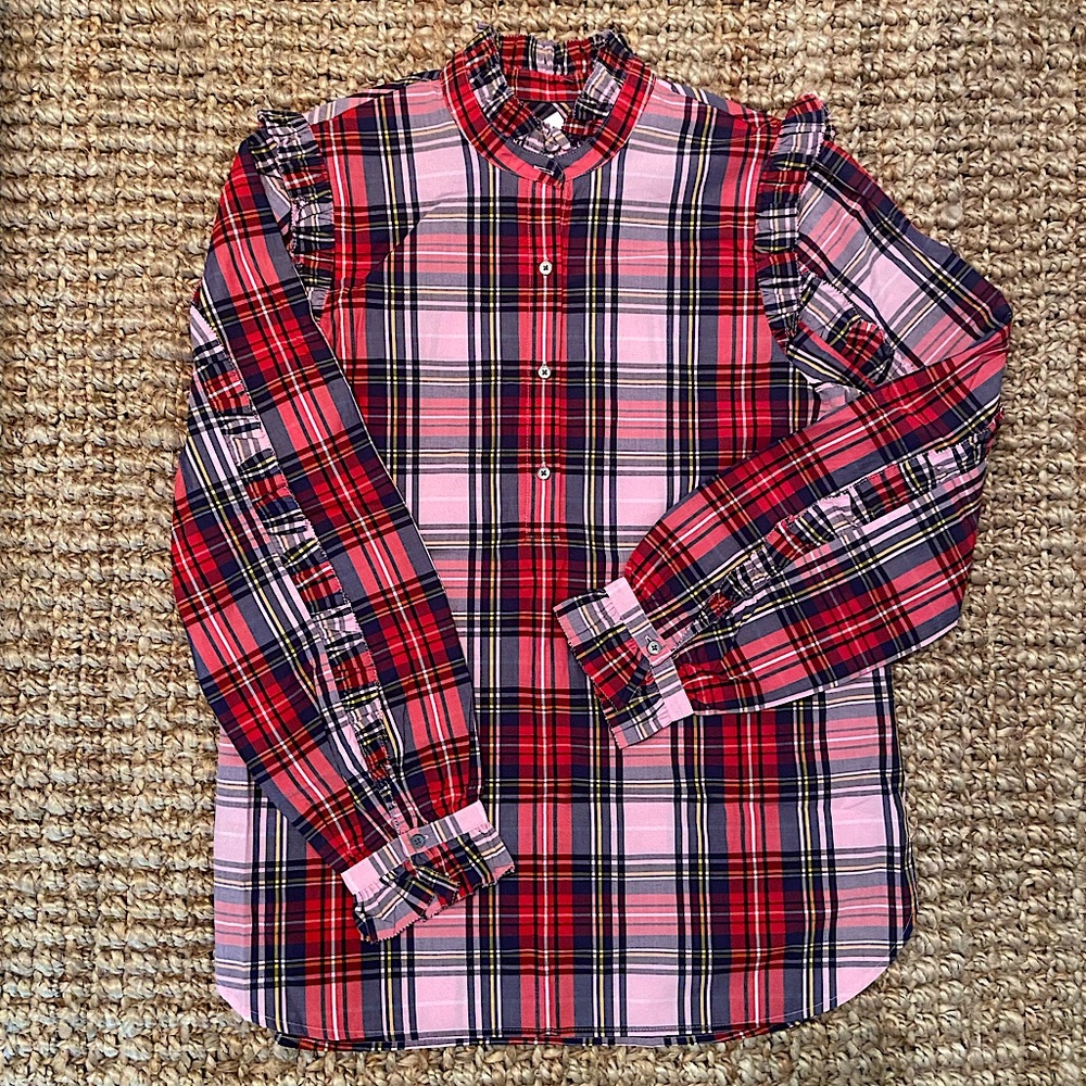J. Crew Classic-Fit Ruffle Popover in Pink Stewart Tartan, NWT